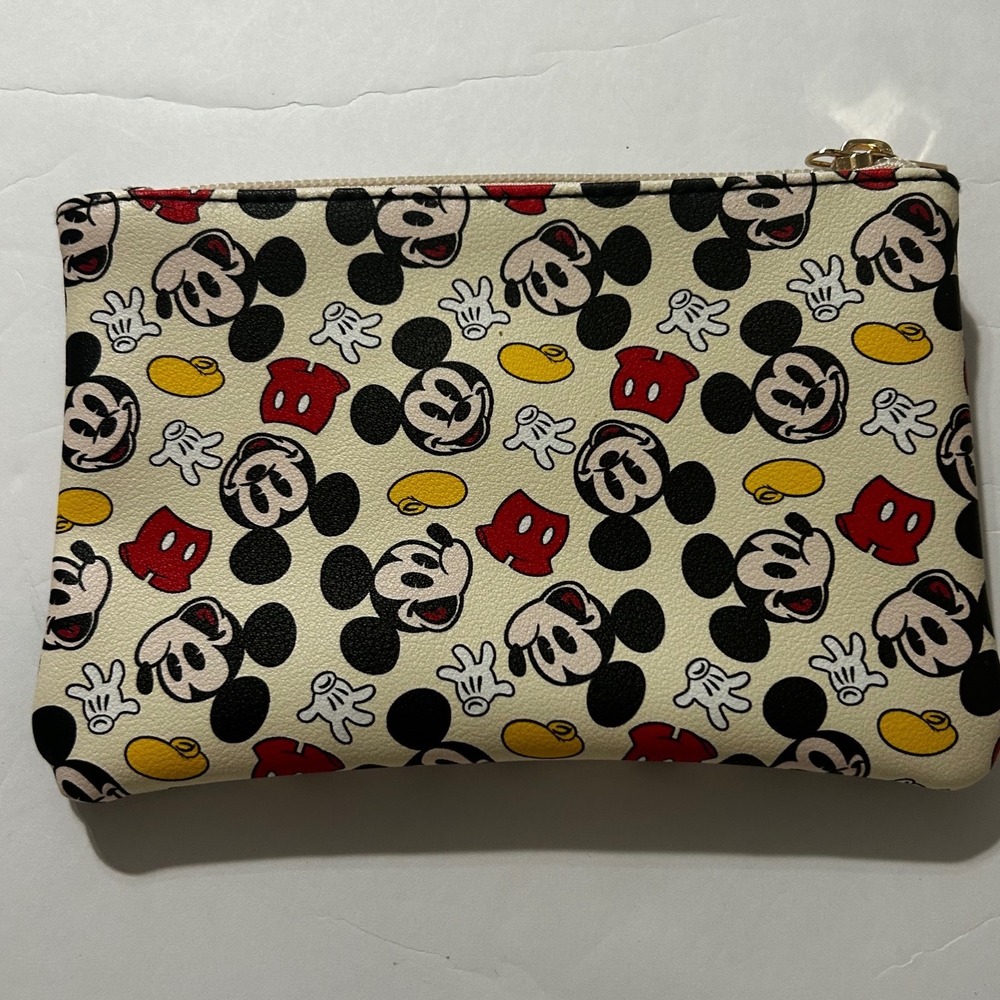 Disney Mickey Mouse All Over Print Zipper Pouch Cream Faux Leather Makeup Bag